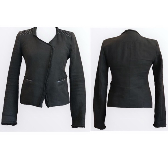 MAJE Ahead Black Linen Moto Blazer Lambskin Leather Jacket in Black 40 XL - Picture 1 of 12